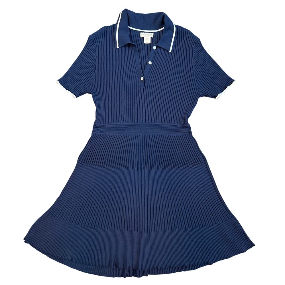 Cynthia Rowley Navy Rib Knit Stretch Midi Dress Collared Preppy Tennis Size L